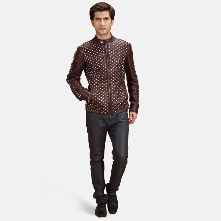 Mens Blix Bono Studded Maroon Leather Biker Jacket 2-1493386356983